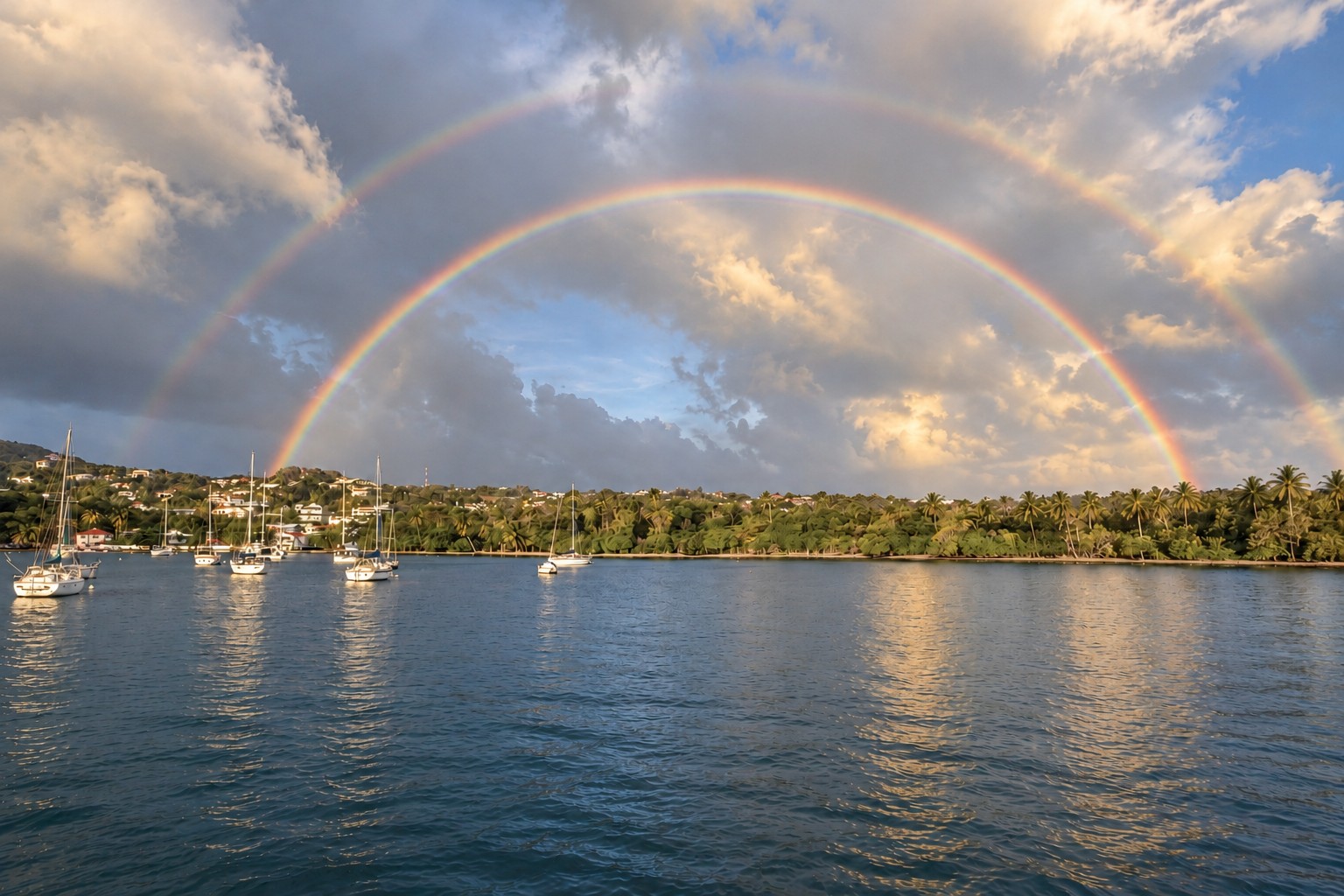 A double rainbow arching over a harbour of sailboats in St. Vincent